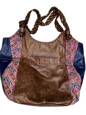 The Sak Leather Patchwork Embroidered Boho Hobo Shoulder Bag Brown Blue